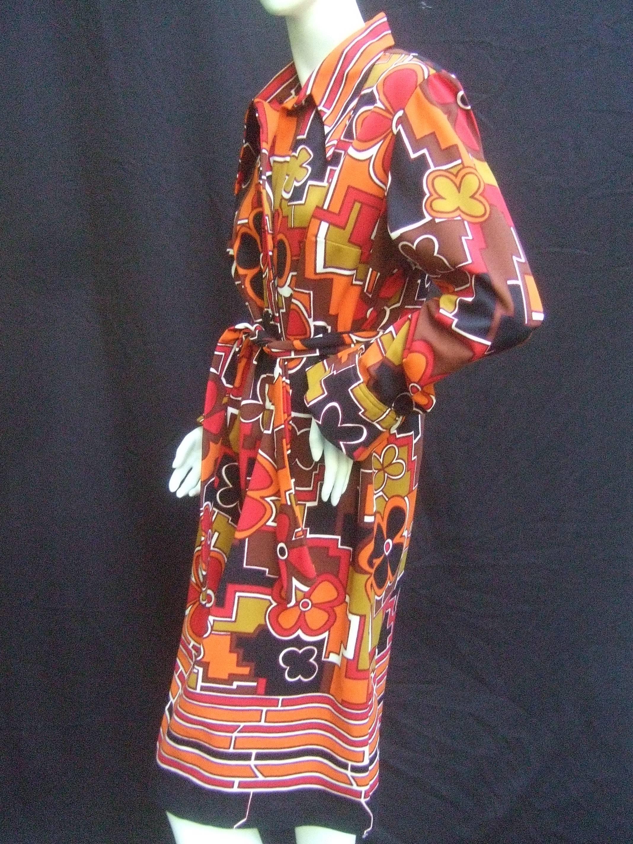 Brown Lanvin Mod Op Art Print Shirt Dress c 1970