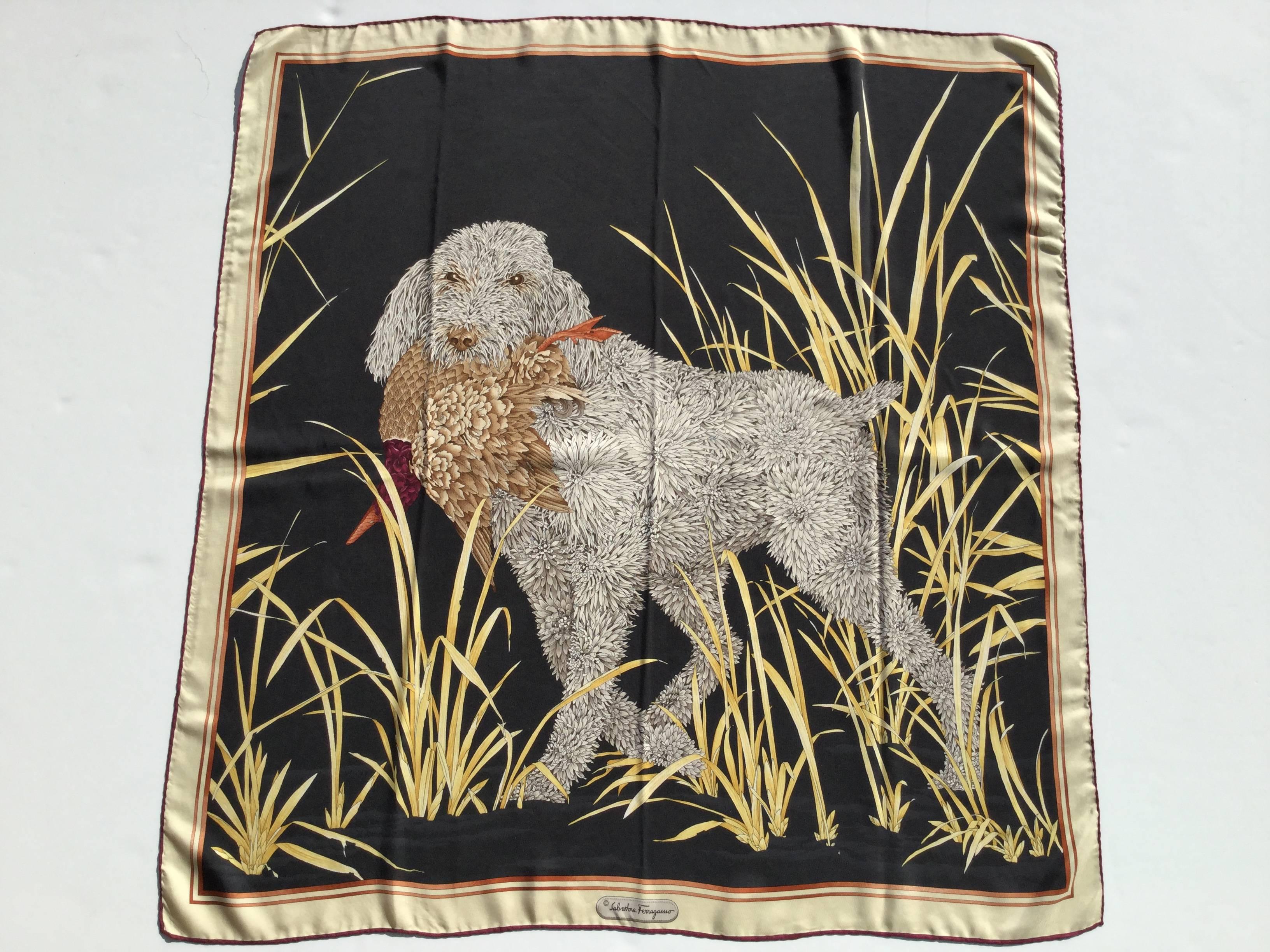 This Ferragamo scarf is so amazing!  The dog's fur is totally comprised of
white carnation flowers. The detail is simply stunning. It is 32 inches by 32 inches; so large enough to be worn as a shawl. Hand rolled edges. 100% Silk.
Incredible