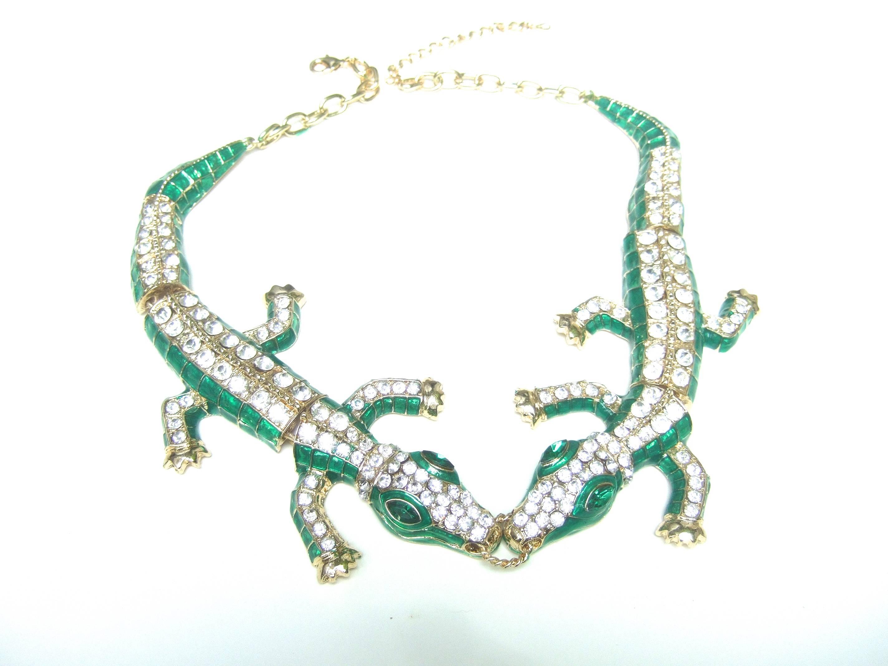 Exotic Green Crystal Articulated Enamel Alligator Necklace 5