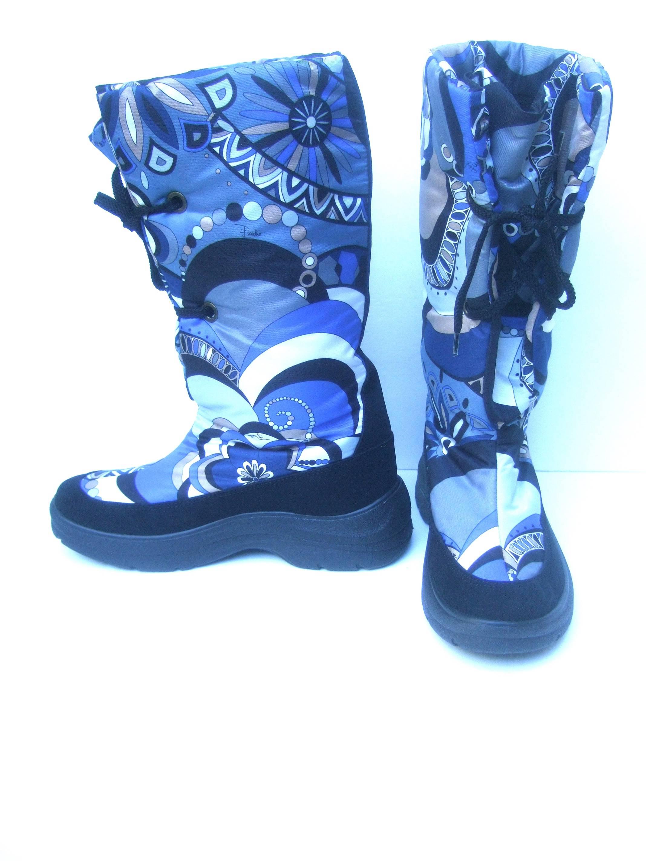Emilio Pucci Bold nylon print ski boots Size 40 
The stylish ski boots are illustrated with Pucci's
iconic op art vibrant graphics

Concealed within the blue, gray, black, white
& tan mod graphics is Emilio's script name 
The designer ski