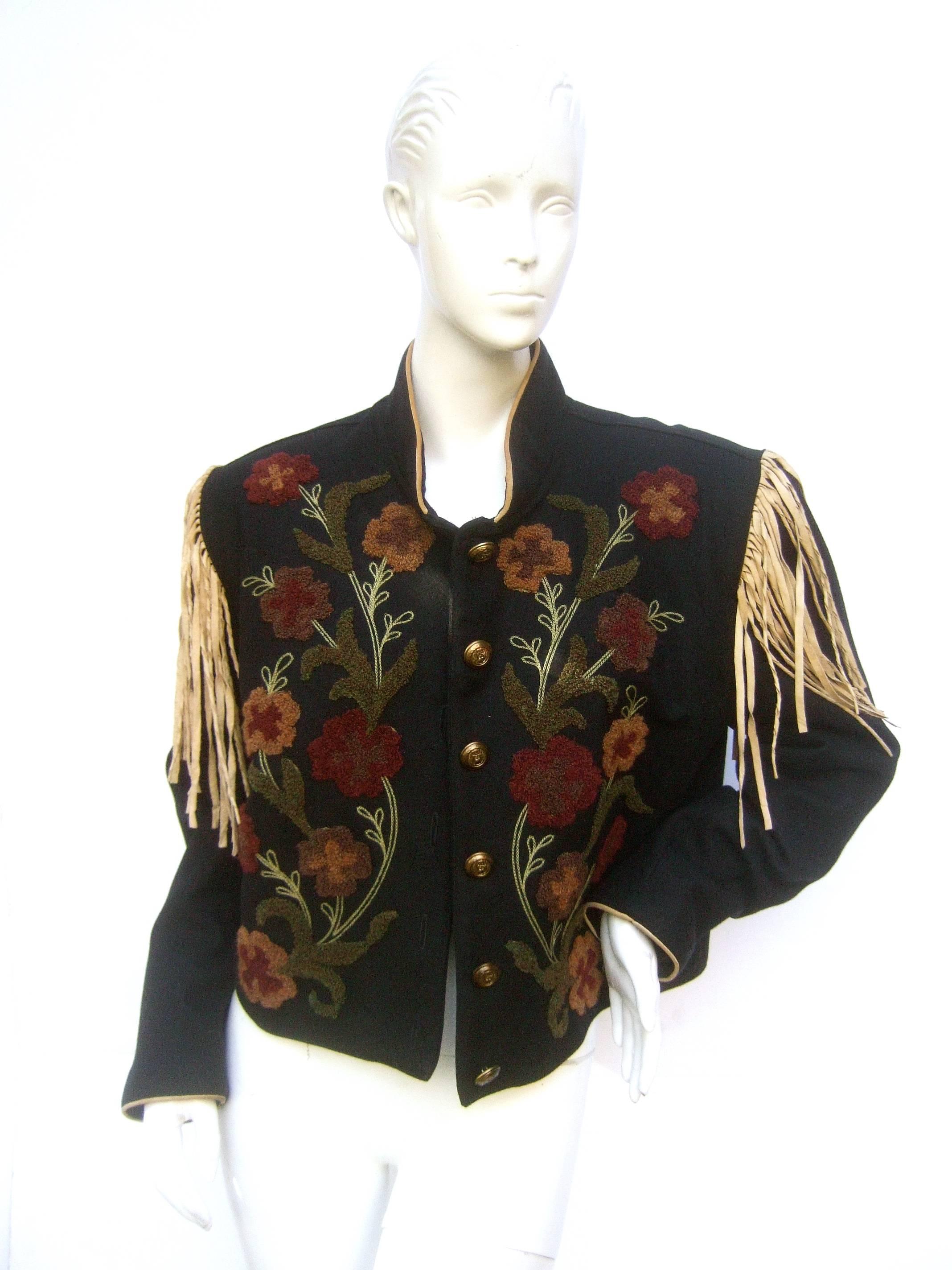 Southwestern Black Wool Applique Fringe Jacket c 1990s 1