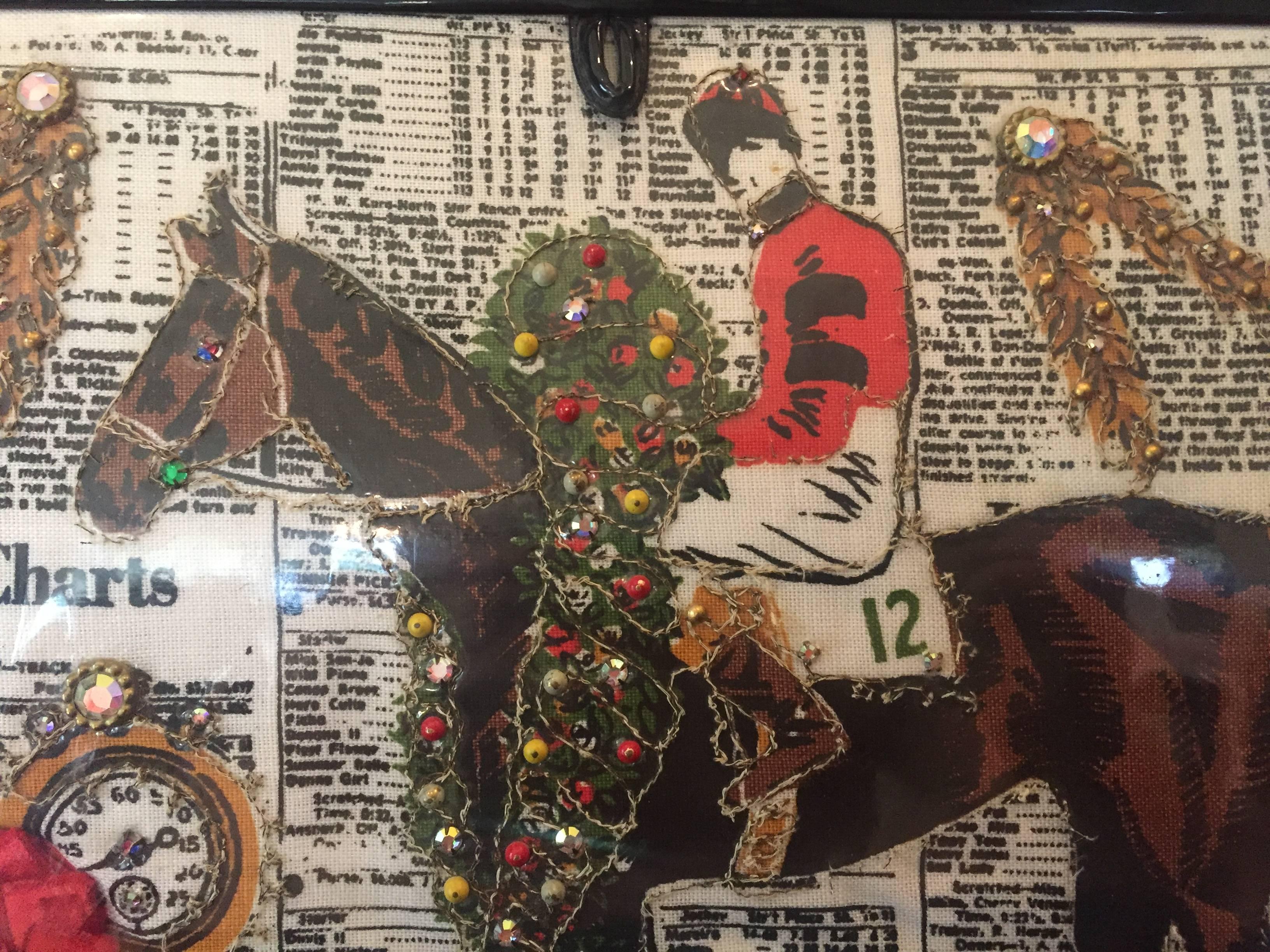 This is one of the rarest Soure scene bags. Here a collage of race course
images are printed on cloth, decorated with pastes, ribbons, and embroidery; then encased under clear vinyl. Just perfect for Ascot or The Derby! 
Shiny black patent trim