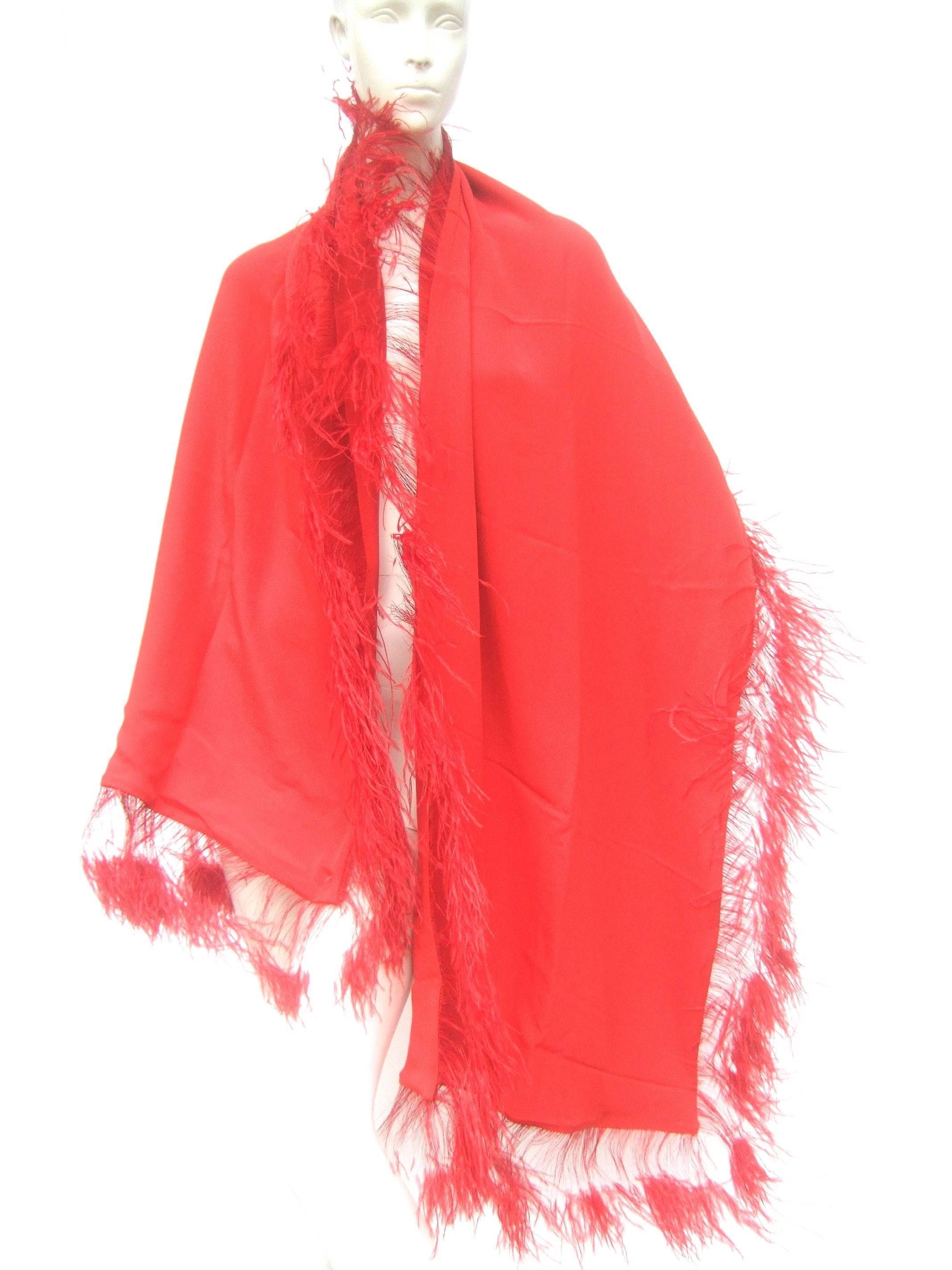 Red Neiman Marcus Dramatic Scarlet Feather Trim Silk Wrap 