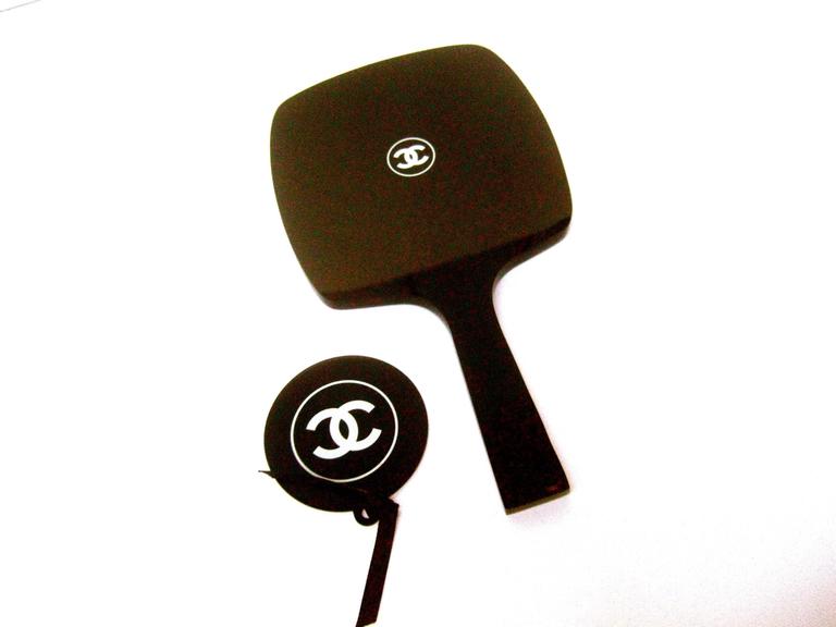Chanel Black Lucite Hand Mirror and Chrome Compact Mirror at 1stDibs