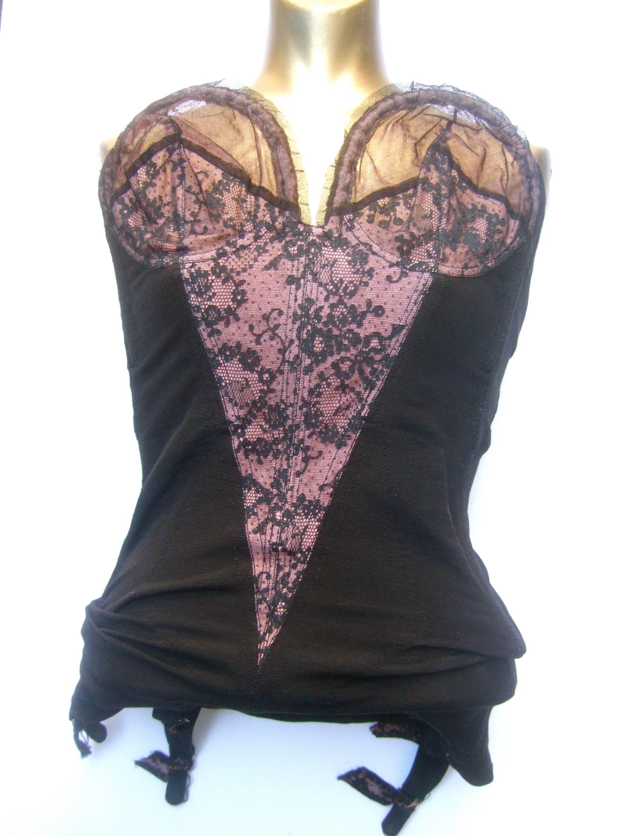 Saks Fifth Avenue Sexy Black Lace Merry Widow Girdle c 1950s In Excellent Condition In University City, MO