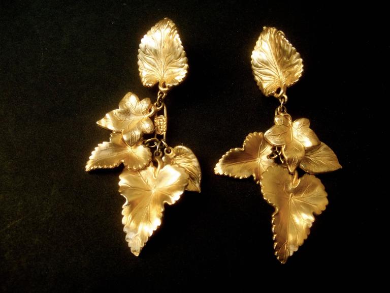 Schiaparelli Gilt Metal Dangling Leaf Earrings ca 1950s at 1stDibs