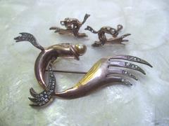 1940s Sterling Vermeil Art Deco Stylized Fish Brooch Set