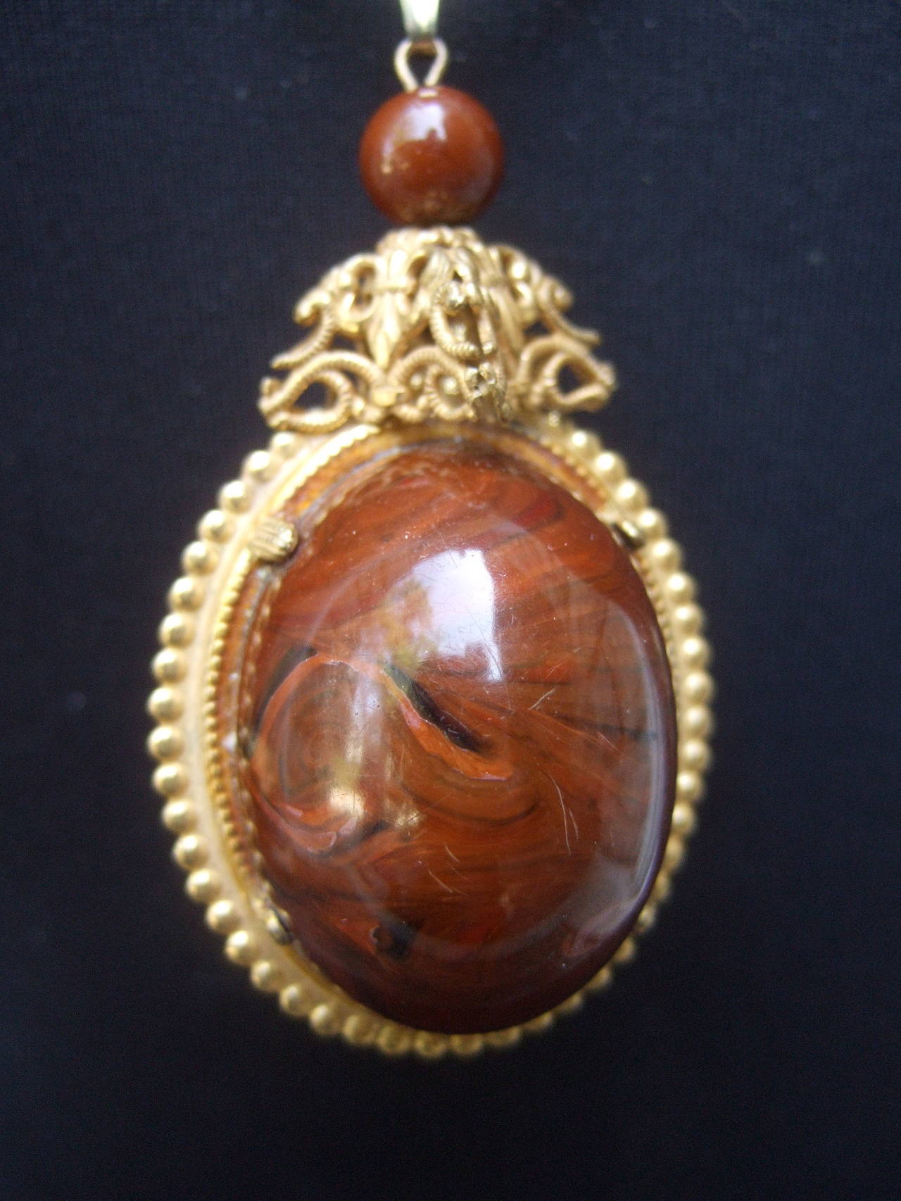 Miriam Haskell Brown Lucite Egg Pendant Necklace c 1970 In Excellent Condition In University City, MO