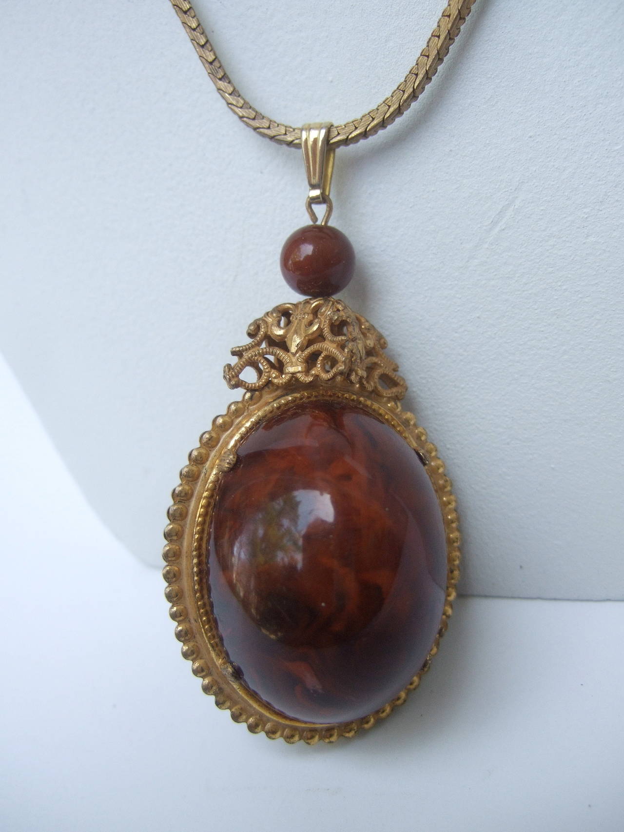 Miriam Haskell Brown Lucite Egg Pendant Necklace c 1970 3