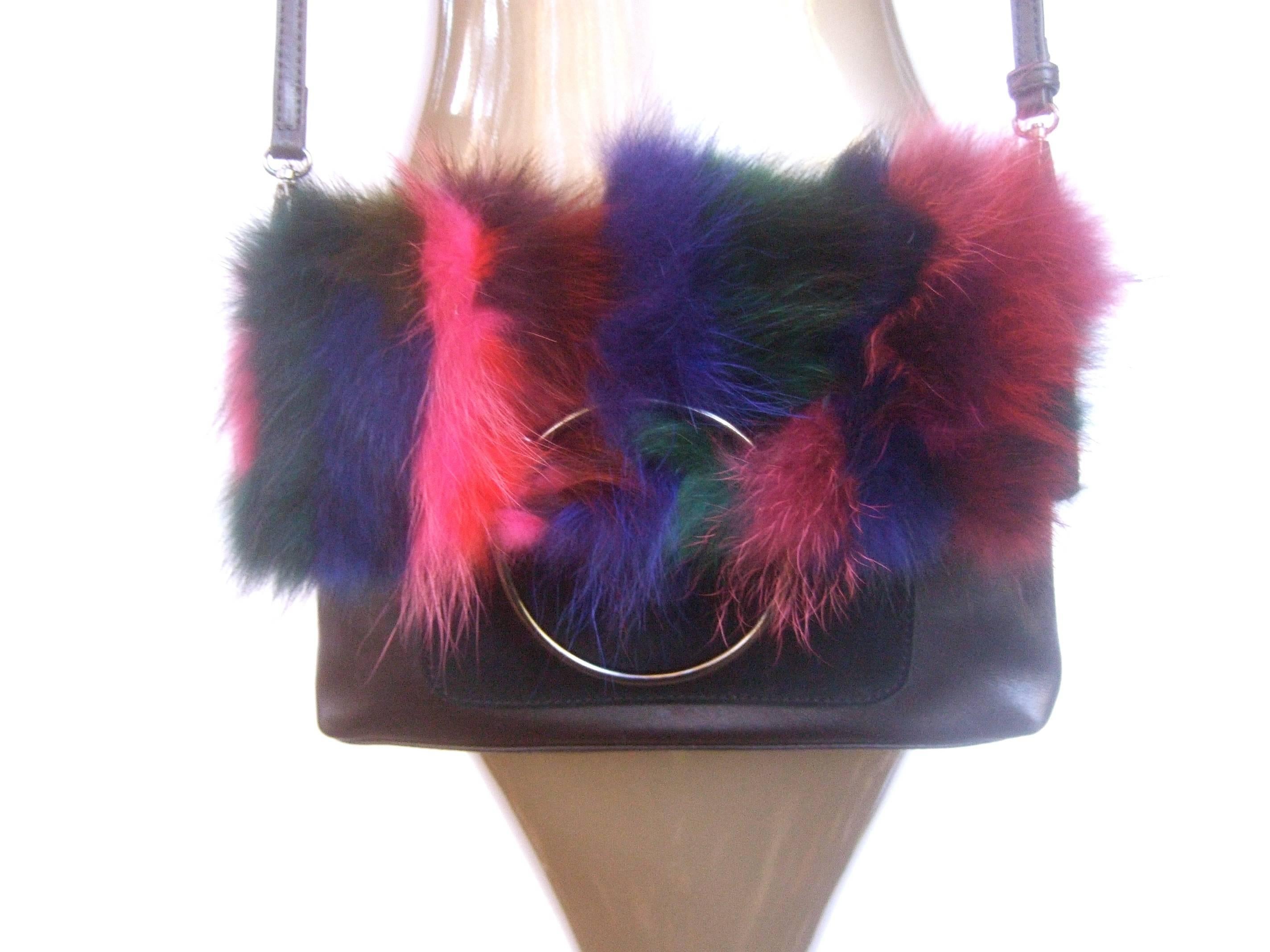 Dyed Fox Fur Black Leather and Suede Handbag Designed by Sondra Roberts  In Excellent Condition In University City, MO