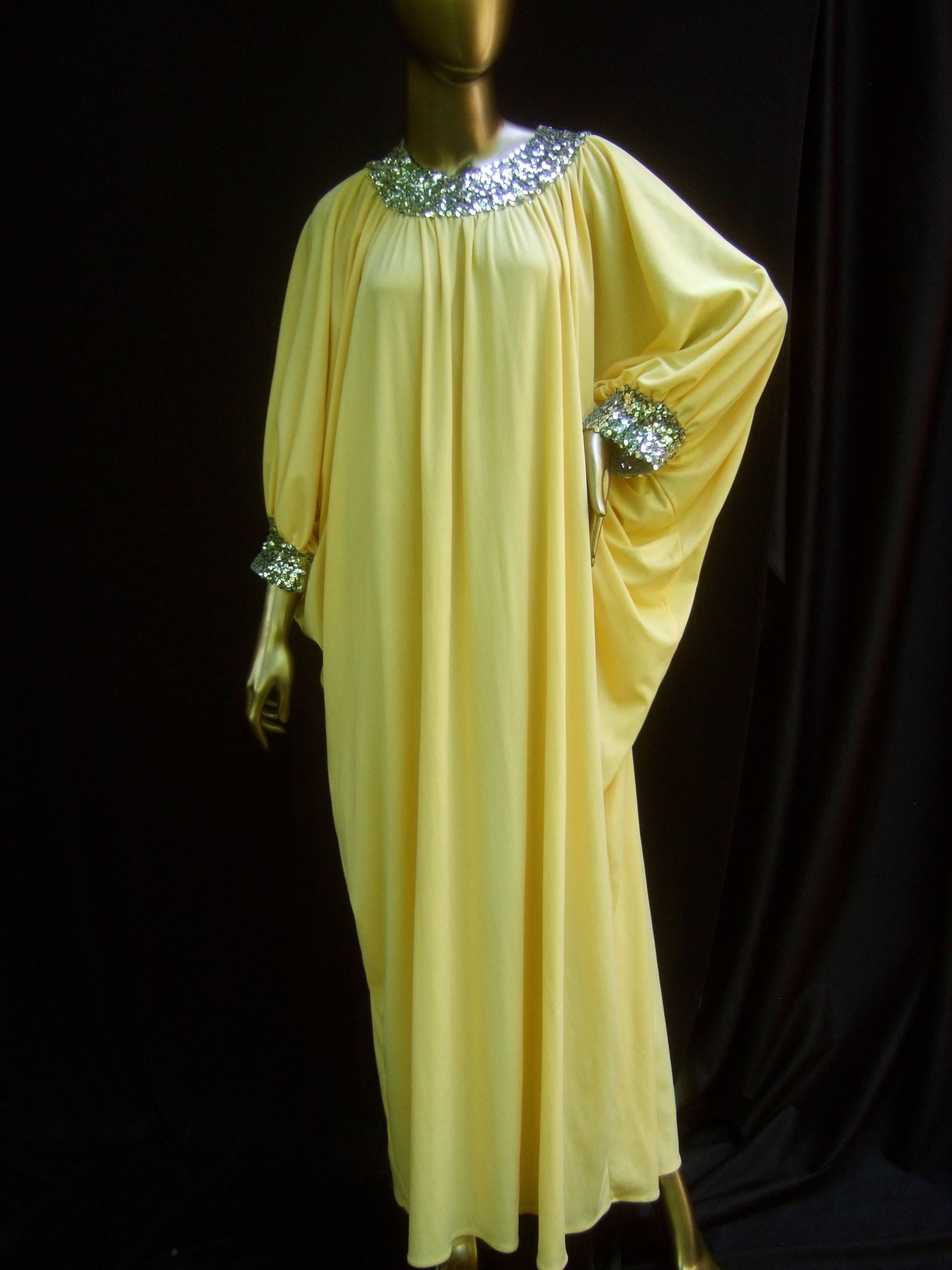 1970s Saks Fifth Avenue Lemon Yellow Poly Knit Caftan Lounge Gown   1