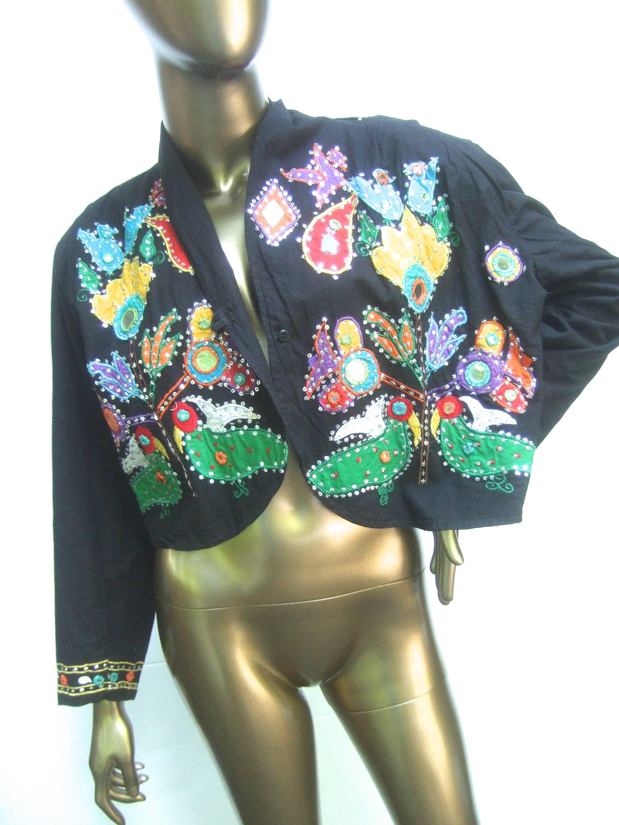 Black Sequined Cotton Applique Jacket Skirt Ensemble, circa 1990