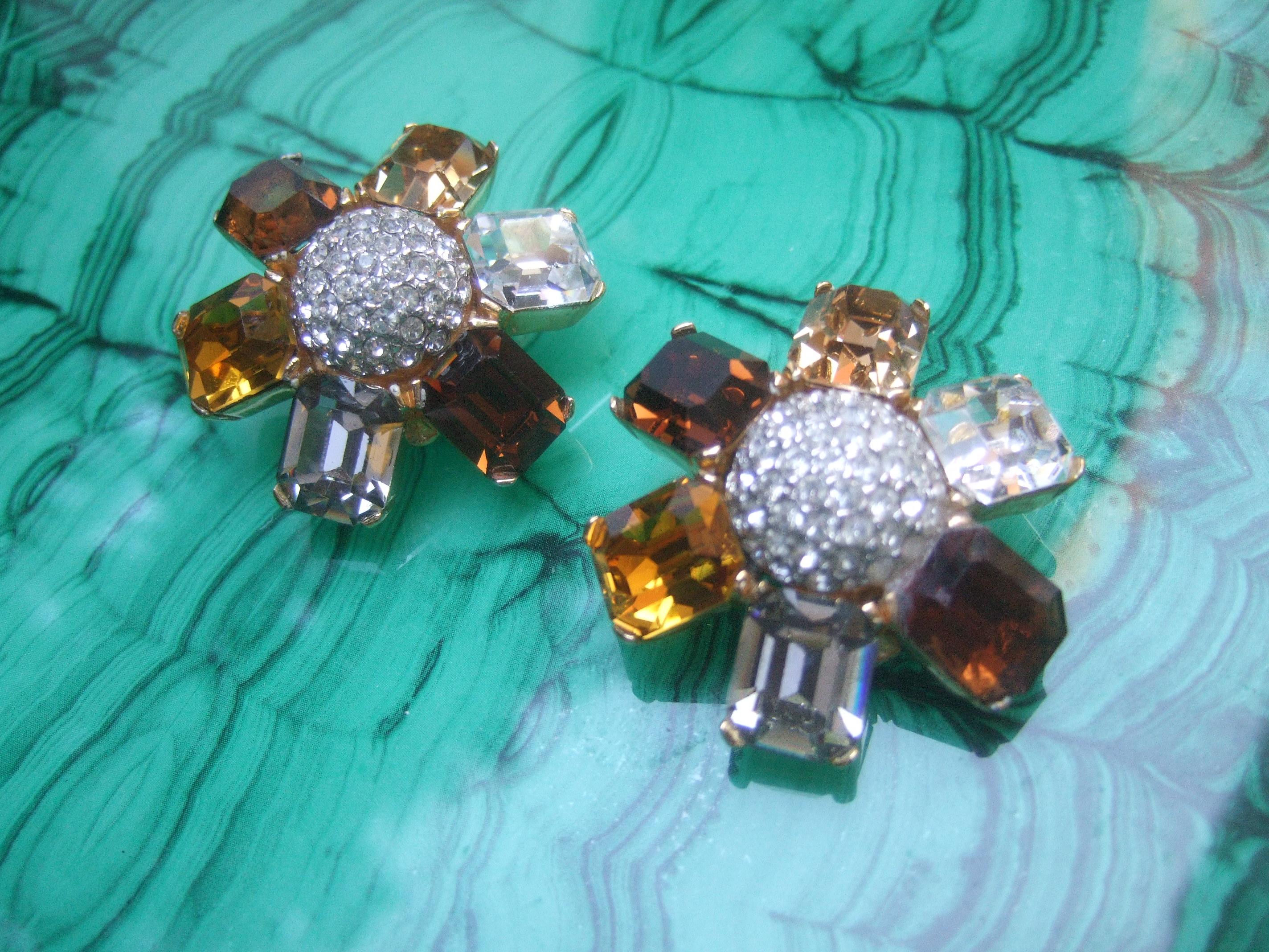 Modern Ciner Autumn Crystal Large Scale Clip on Floral Earrings Circa 1980  For Sale