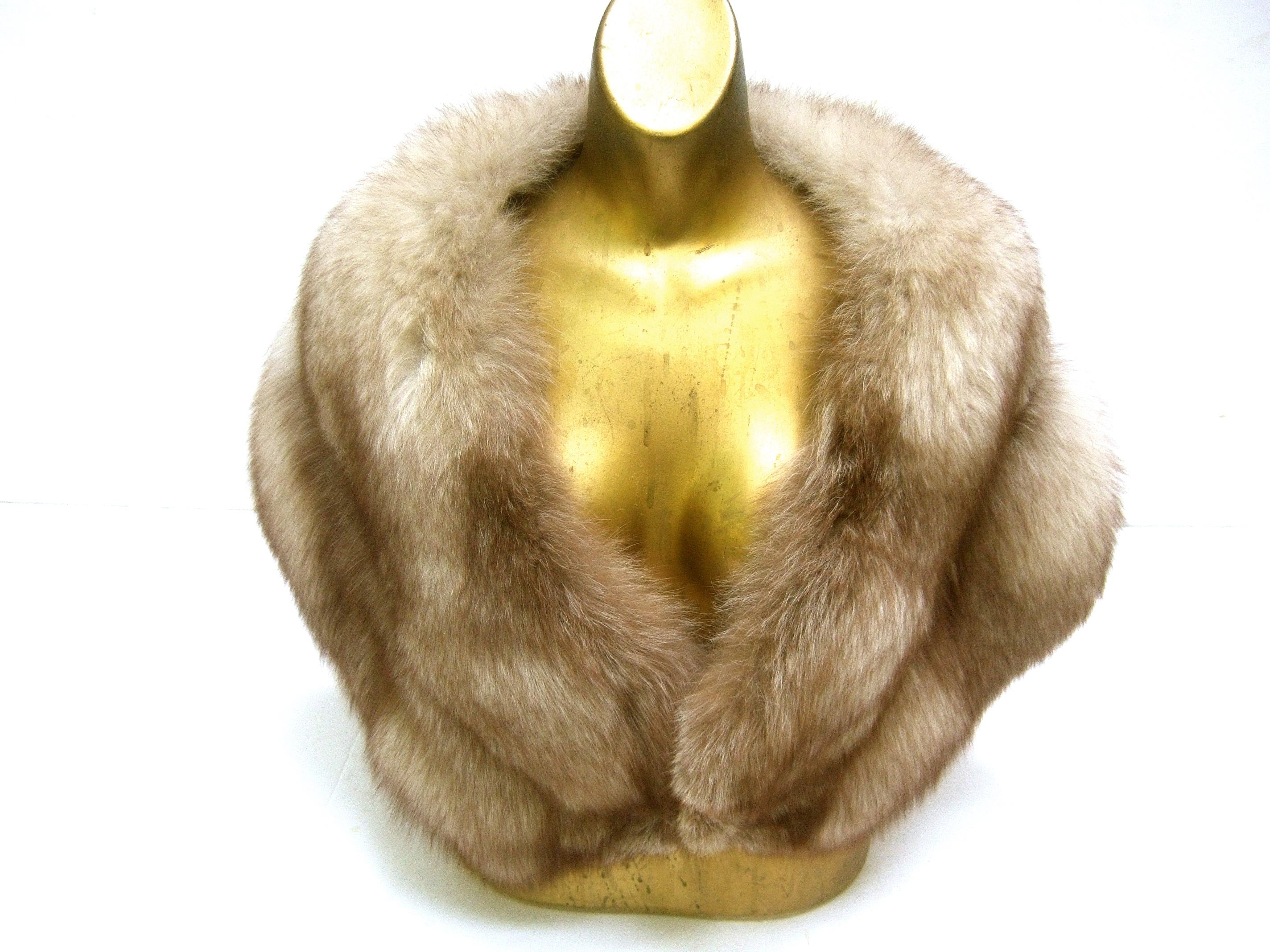 Luxurious plush fluffy fox fur stole c 1960s
The elegant soft fox stole is designed
with a pair of fox fur pelts that secure
with a single hook closure. Accented
with streaks of gray fur  

The interior is lined with mocha brown 
color satin with a