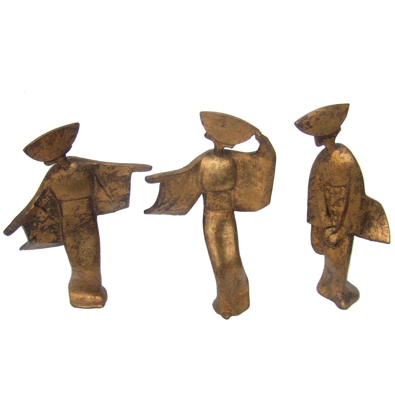 Trio of Exotic Japanese Geisha Gilt Metal Figures c 1950