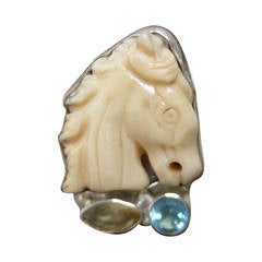 Artisan Carved Bone Horse Head Sterling Ring