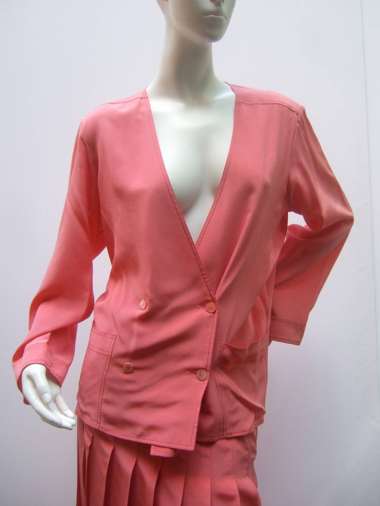 Chanel Vintage Silk Salmon Pink Skirt Suit c 1980 1
