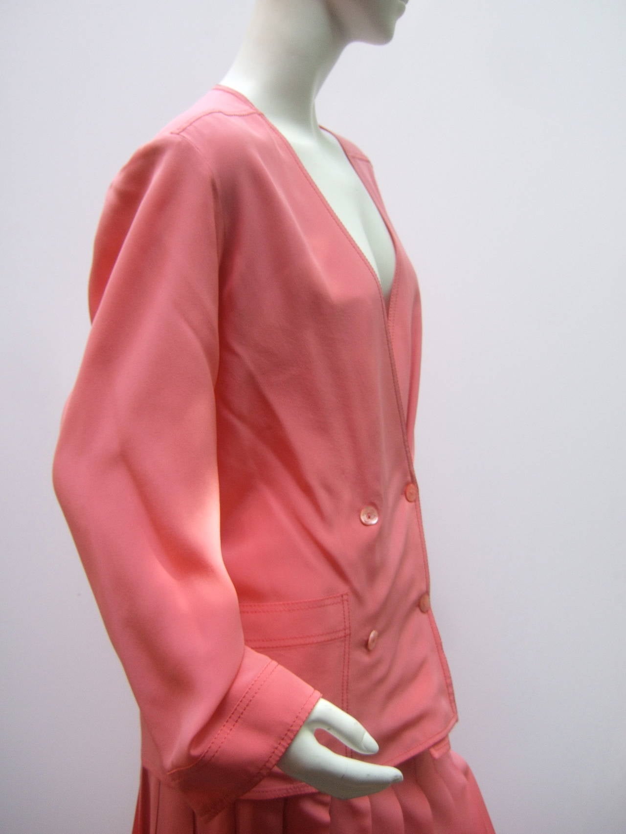 Chanel Vintage Silk Salmon Pink Skirt Suit c 1980 4