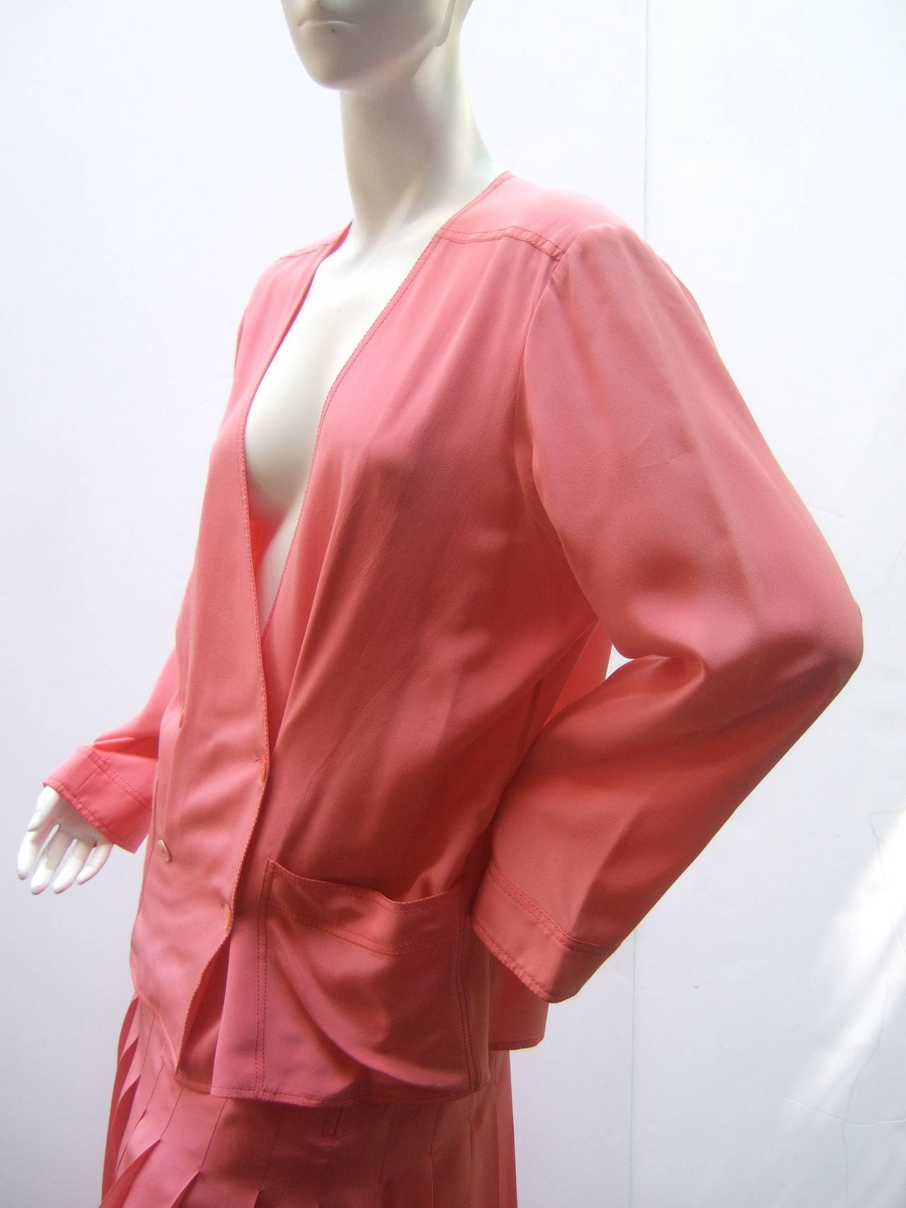 Chanel Vintage Silk Salmon Pink Skirt Suit c 1980 2