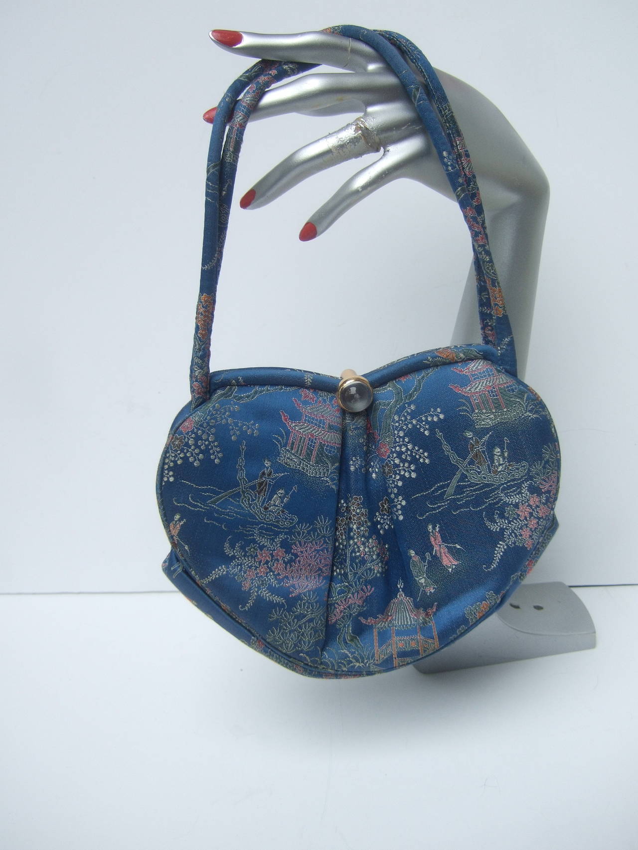 Saks Fifth Avenue Blue Satin Chinoiserie Handbag c 1960 2
