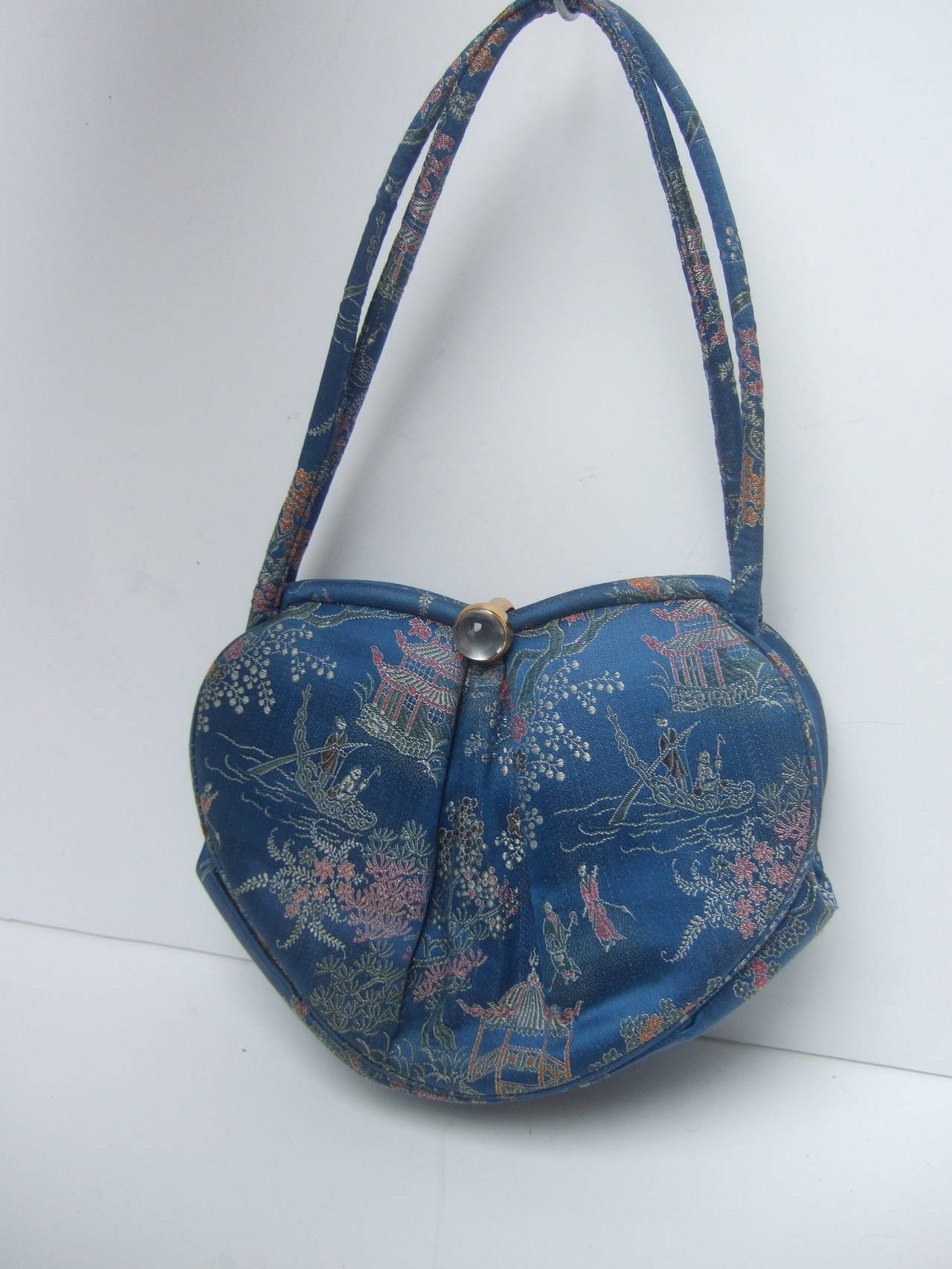 Saks Fifth Avenue Blue Satin Chinoiserie Handbag c 1960 3