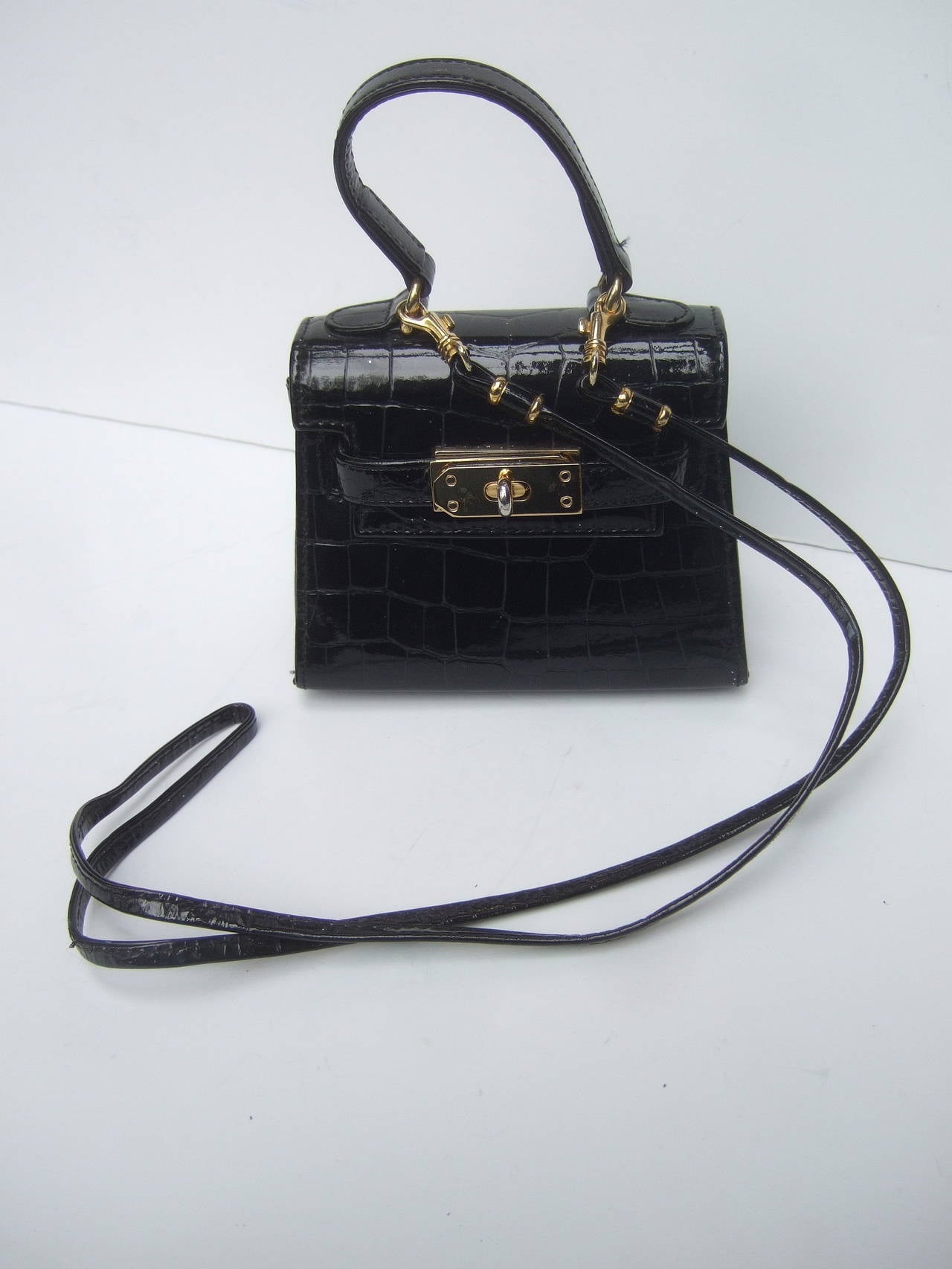 Diminutive Black Embossed Patent Leather Handbag Made in Italy 1