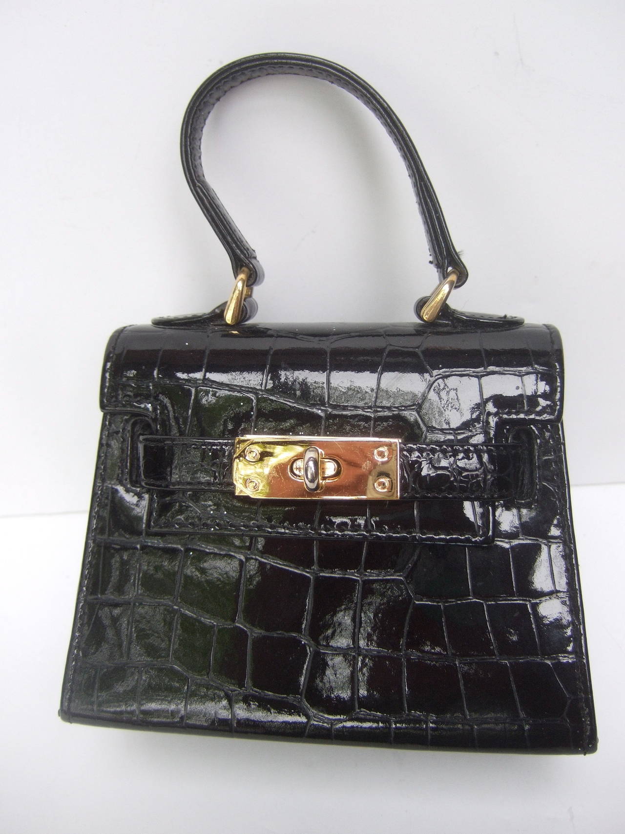 Women's Diminutive Black Embossed Patent Leather Handbag Made in Italy