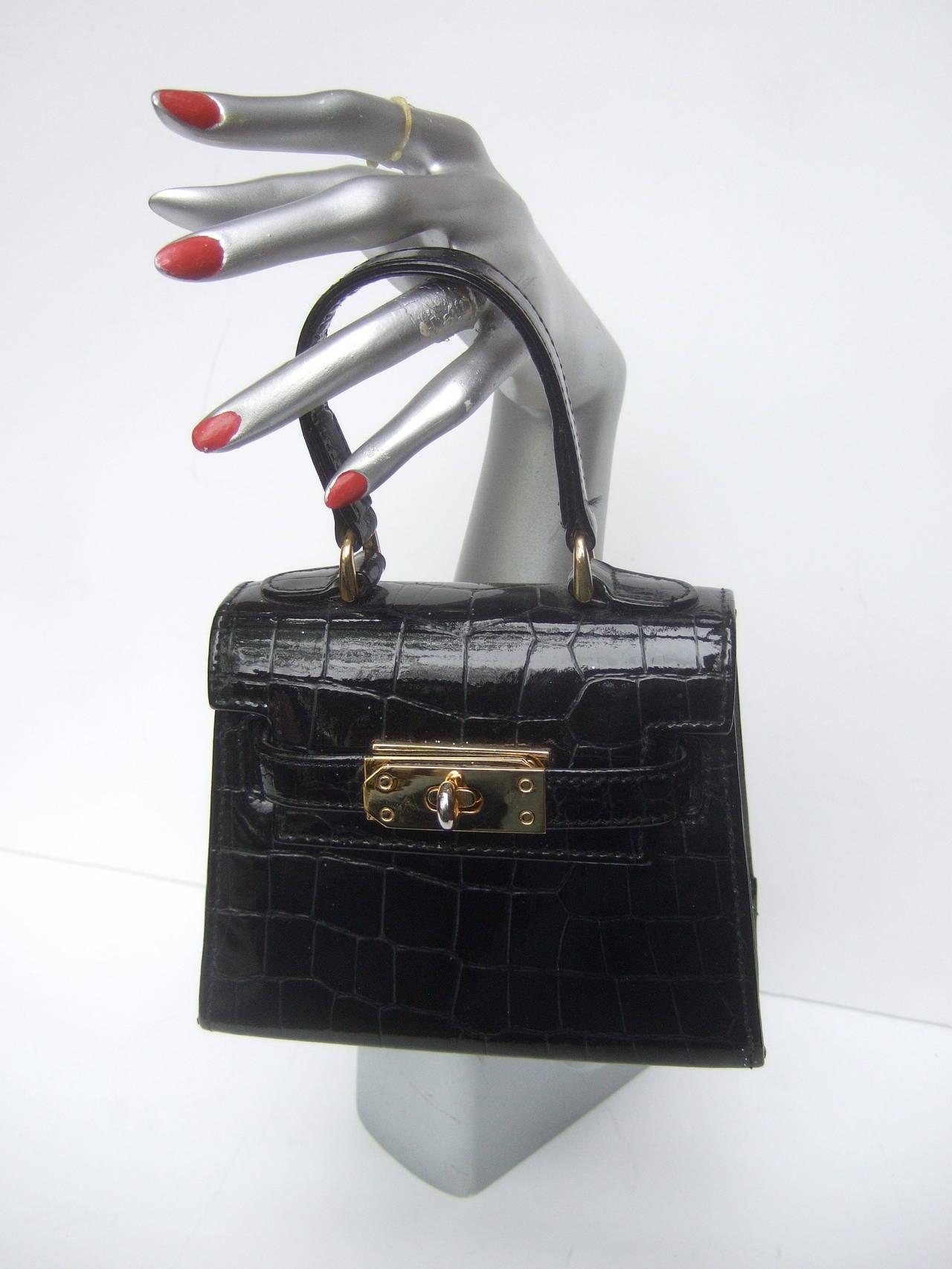 Diminutive Black Embossed Patent Leather Handbag Made in Italy In Excellent Condition In University City, MO