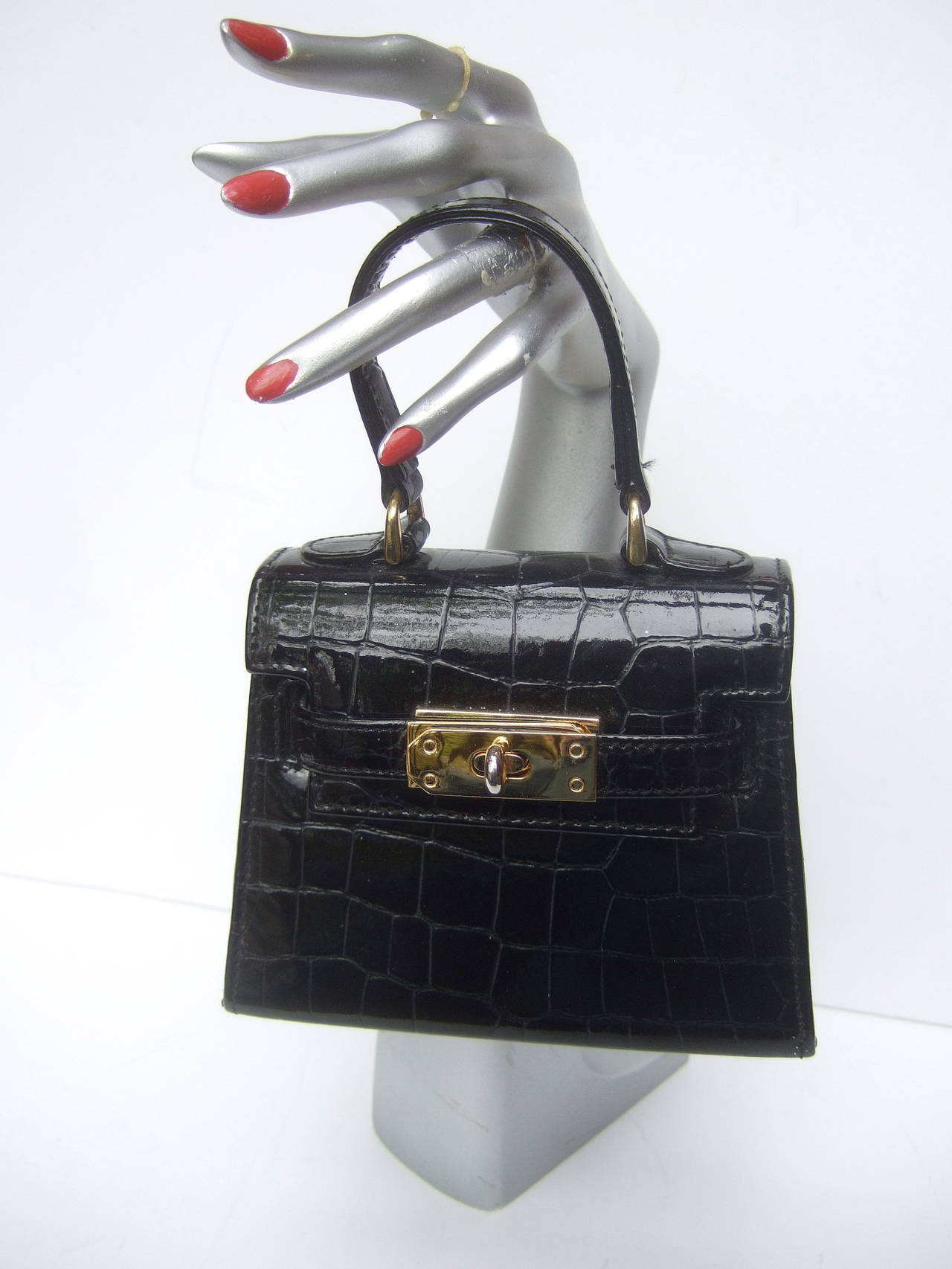Diminutive Black Embossed Patent Leather Handbag Made in Italy 3