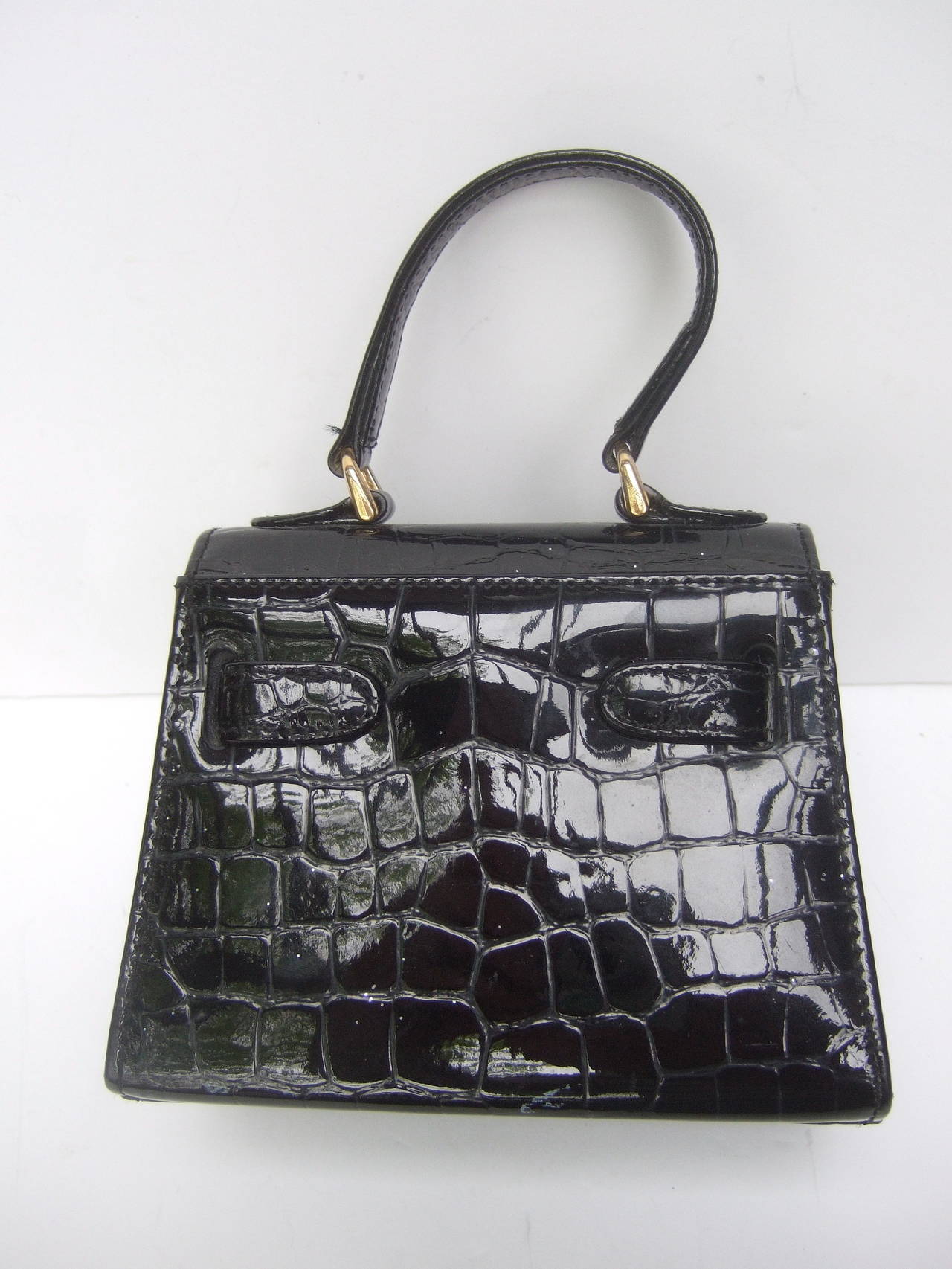 Diminutive Black Embossed Patent Leather Handbag Made in Italy 2