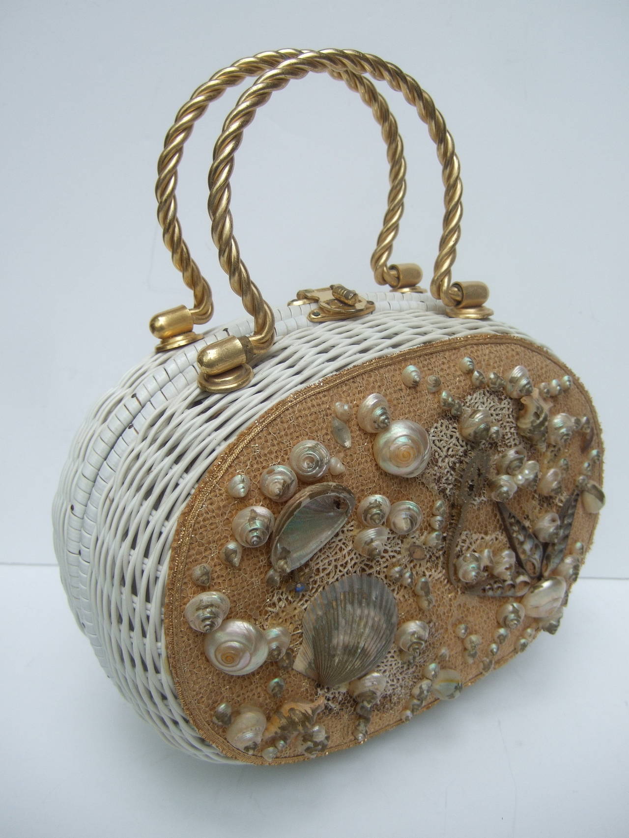 Brown Posh Sea Shell White Wicker Retro Handbag c 1960