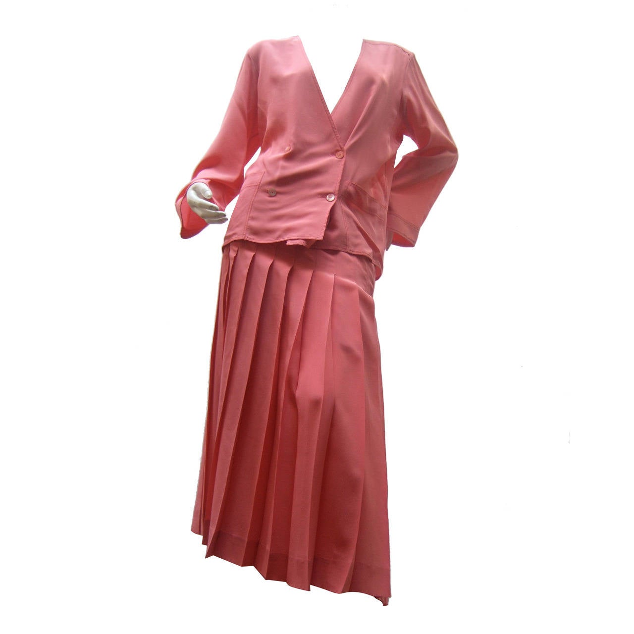 Chanel Vintage Silk Salmon Pink Skirt Suit c 1980