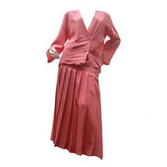 Chanel Retro Silk Salmon Pink Skirt Suit c 1980