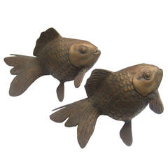 Vintage Pair Of Gilded Brass Metal Koi Fish Decorative Statues Made in Japan