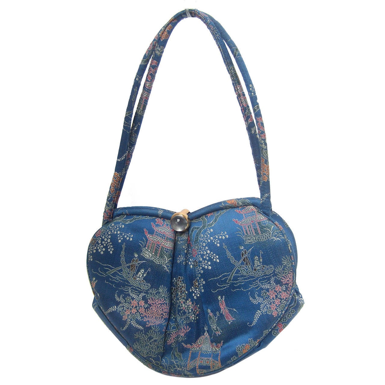 Saks Fifth Avenue Blue Satin Chinoiserie Handbag c 1960 For Sale at 1stdibs