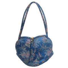 Vintage Saks Fifth Avenue Blue Satin Chinoiserie Handbag c 1960