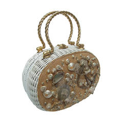 Posh Sea Shell White Wicker Retro Handbag c 1960