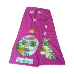 Vintage Sant' Angelo Moon & Stars Fuchsia Silk Oblong Scarf c 1970