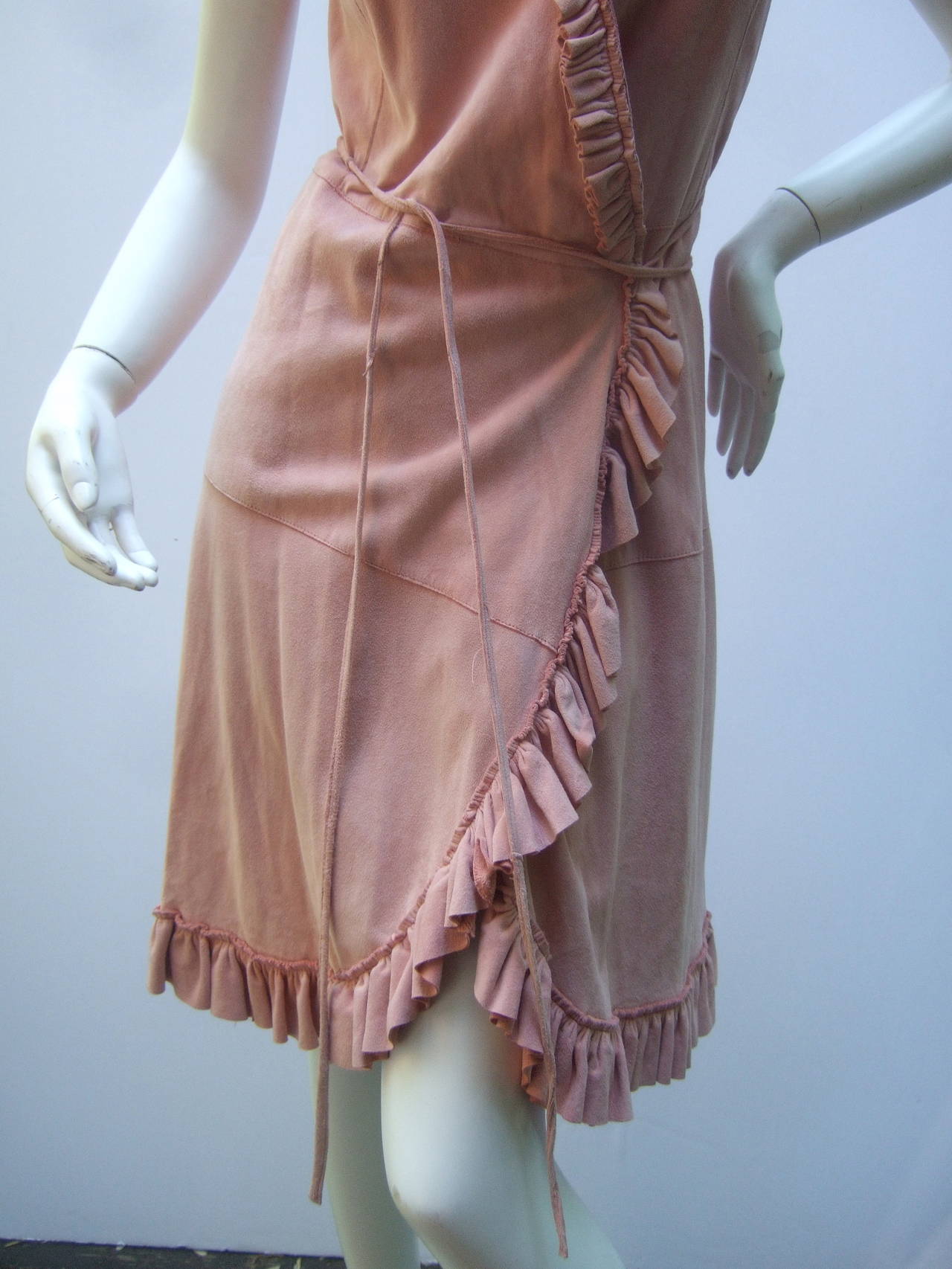 Blush Pink Doeskin Suede Wrap Dress US Size 6 In Good Condition In University City, MO