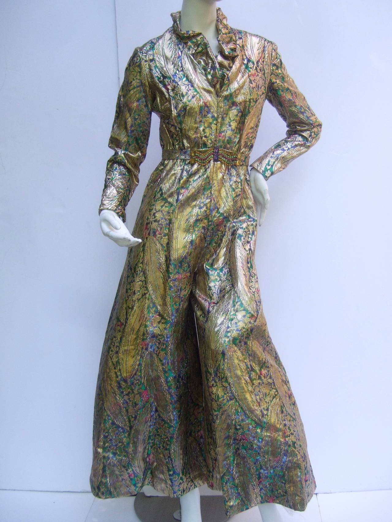1970s Gold Lame Peacock Feather Jeweled Jumpsuit c 1970