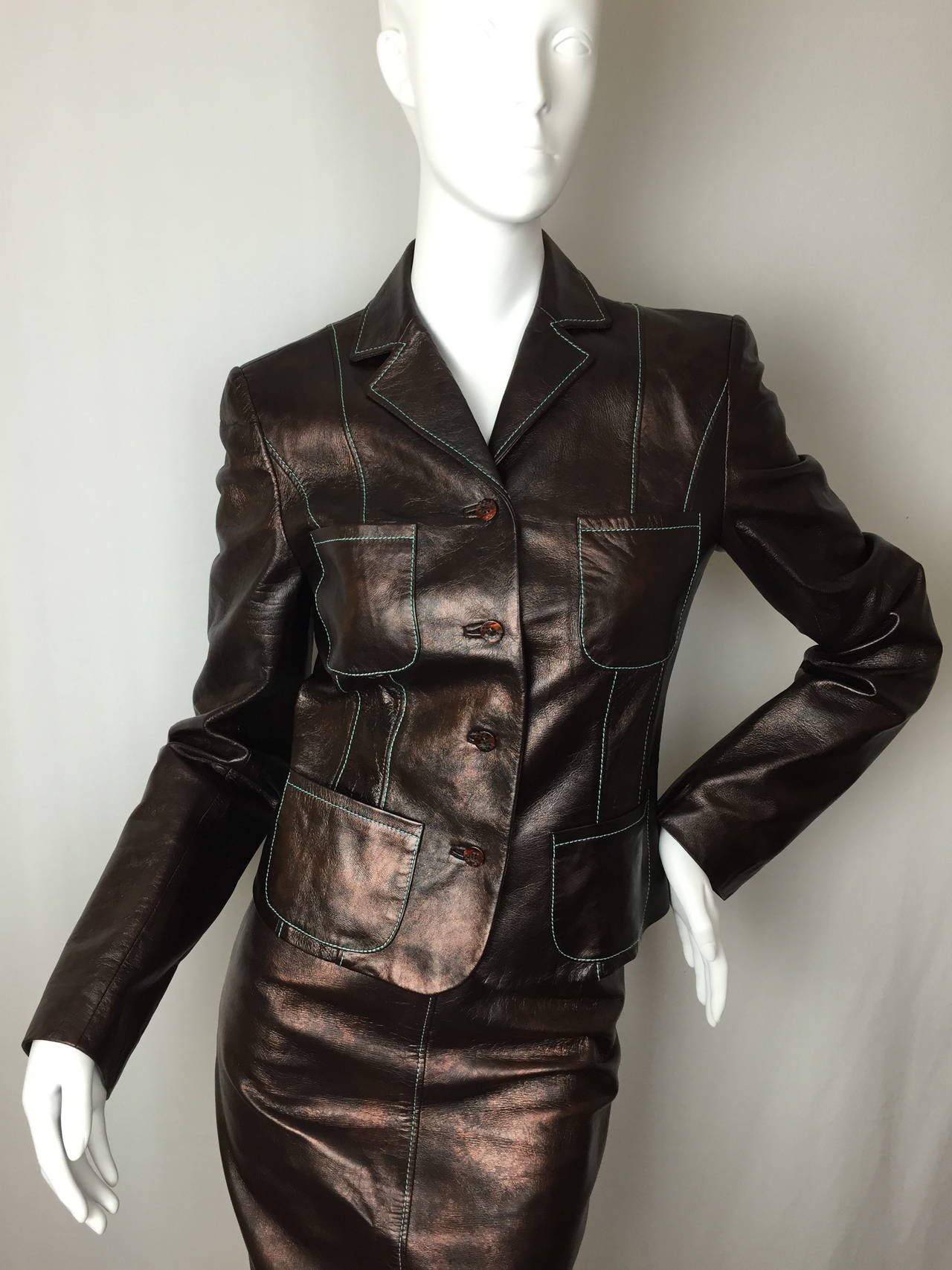 Late 90's Christian Lacroix Brown Butter Soft Leather Suit. In Excellent Condition In University City, MO