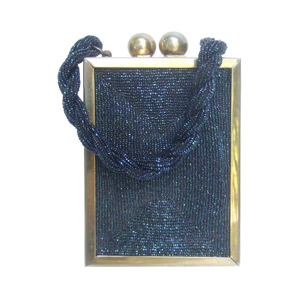 1940s Art Deco Cobalt Carnival Glass Beaded Handbag