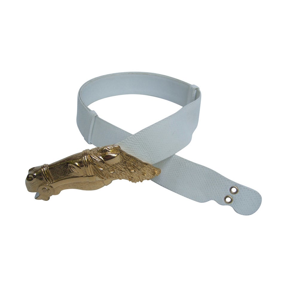 Judith Leiber Gilt Equine Buckle Embossed White Leather Belt