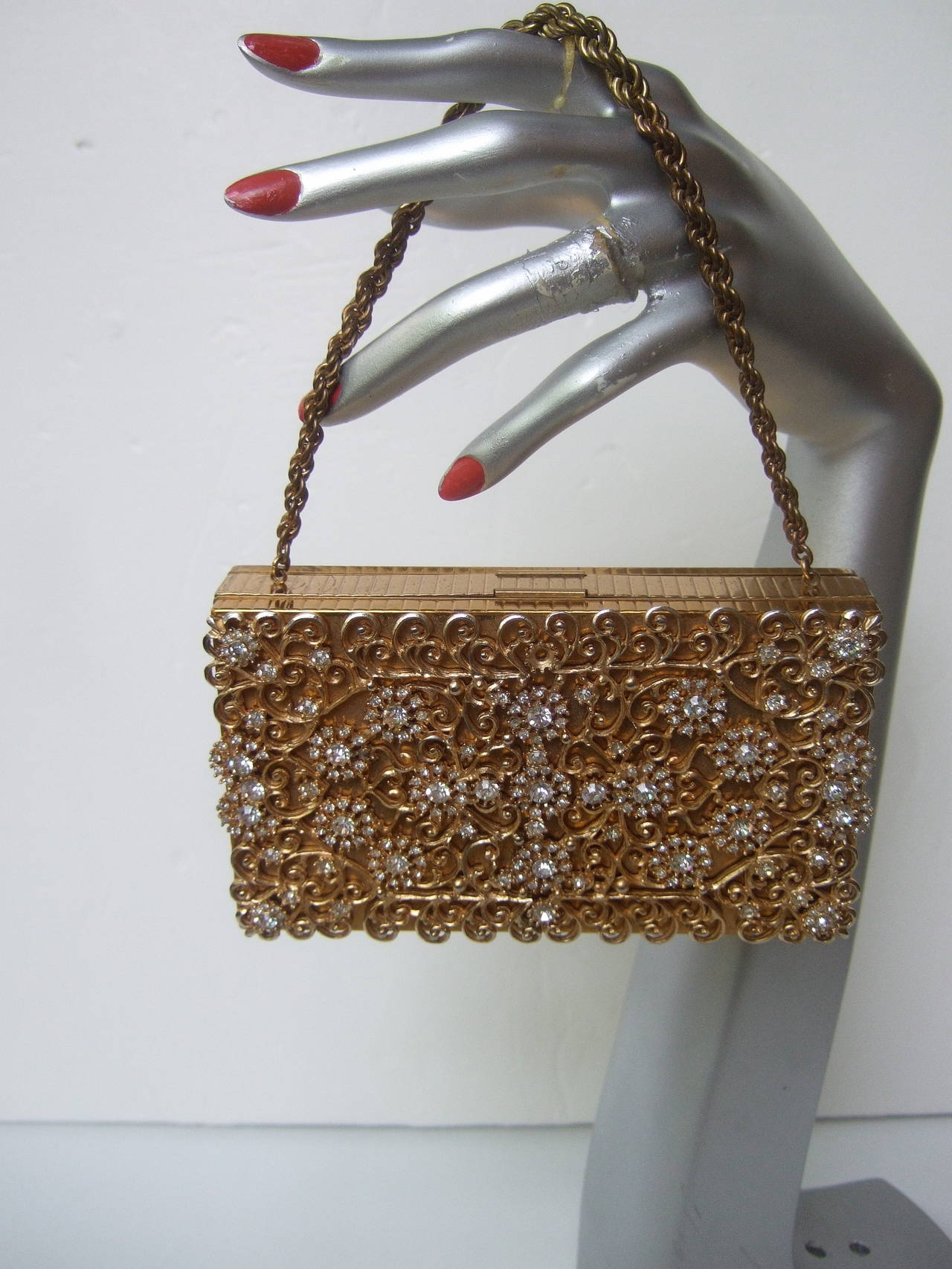 Women's Opulent Crystal Gilt Metal Evening Bag Case c 1960