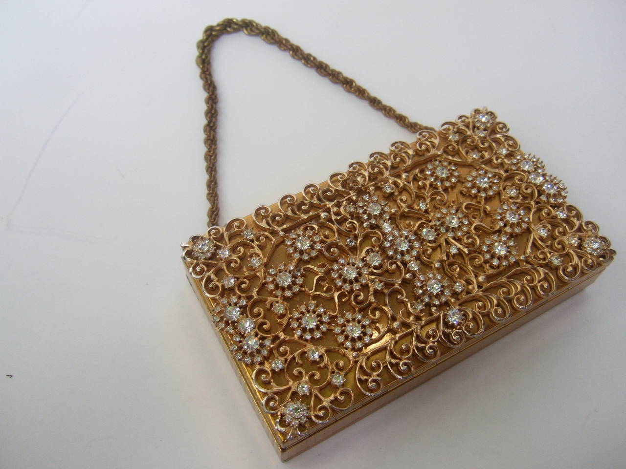 Opulent Crystal Gilt Metal Evening Bag Case c 1960 In Excellent Condition In University City, MO