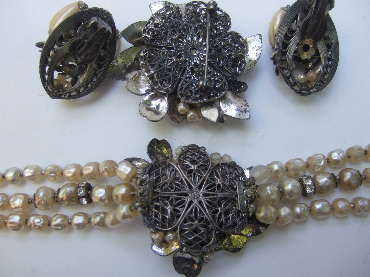 1950s Costume Pearl Brooch, Bracelet & Earrings by Robert For Sale 1