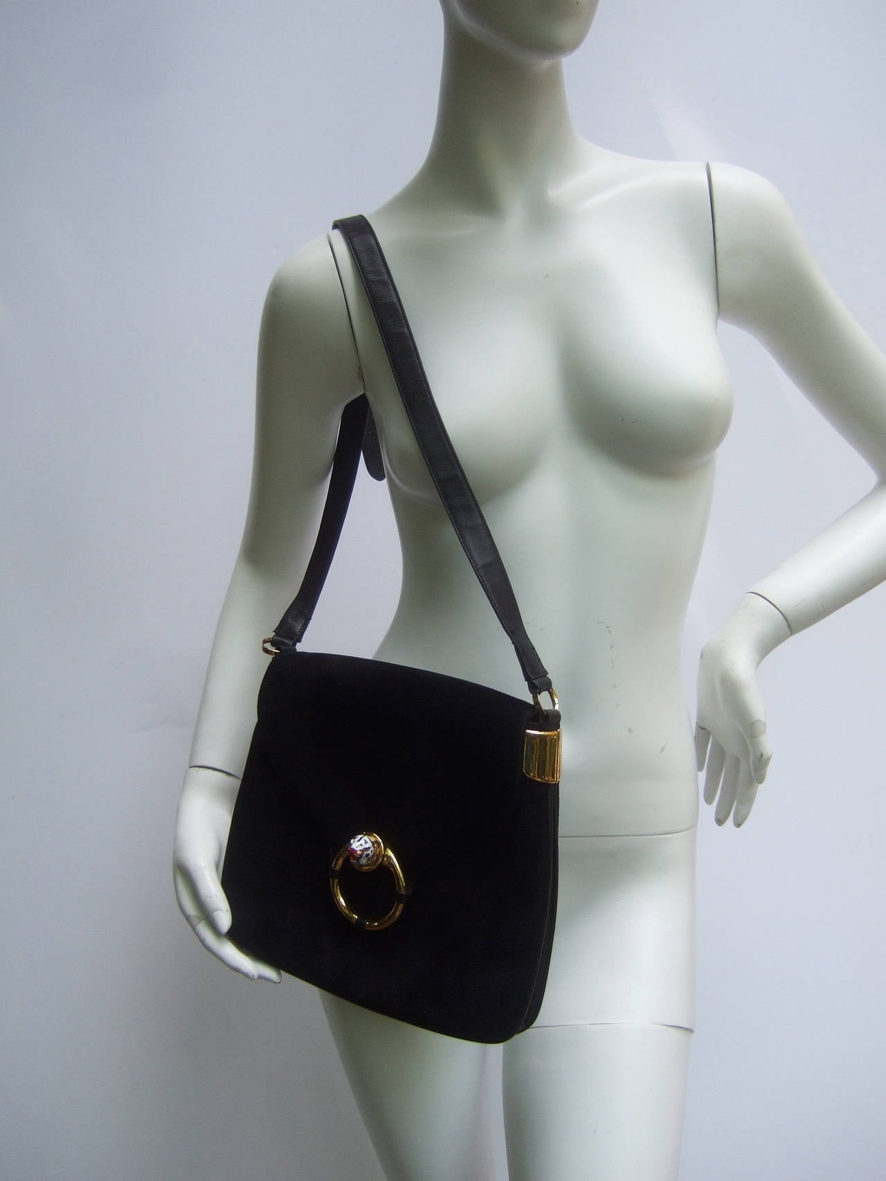 Gucci Italy Rare Black Suede Tiger Clasp Shoulder Bag c 1970 2