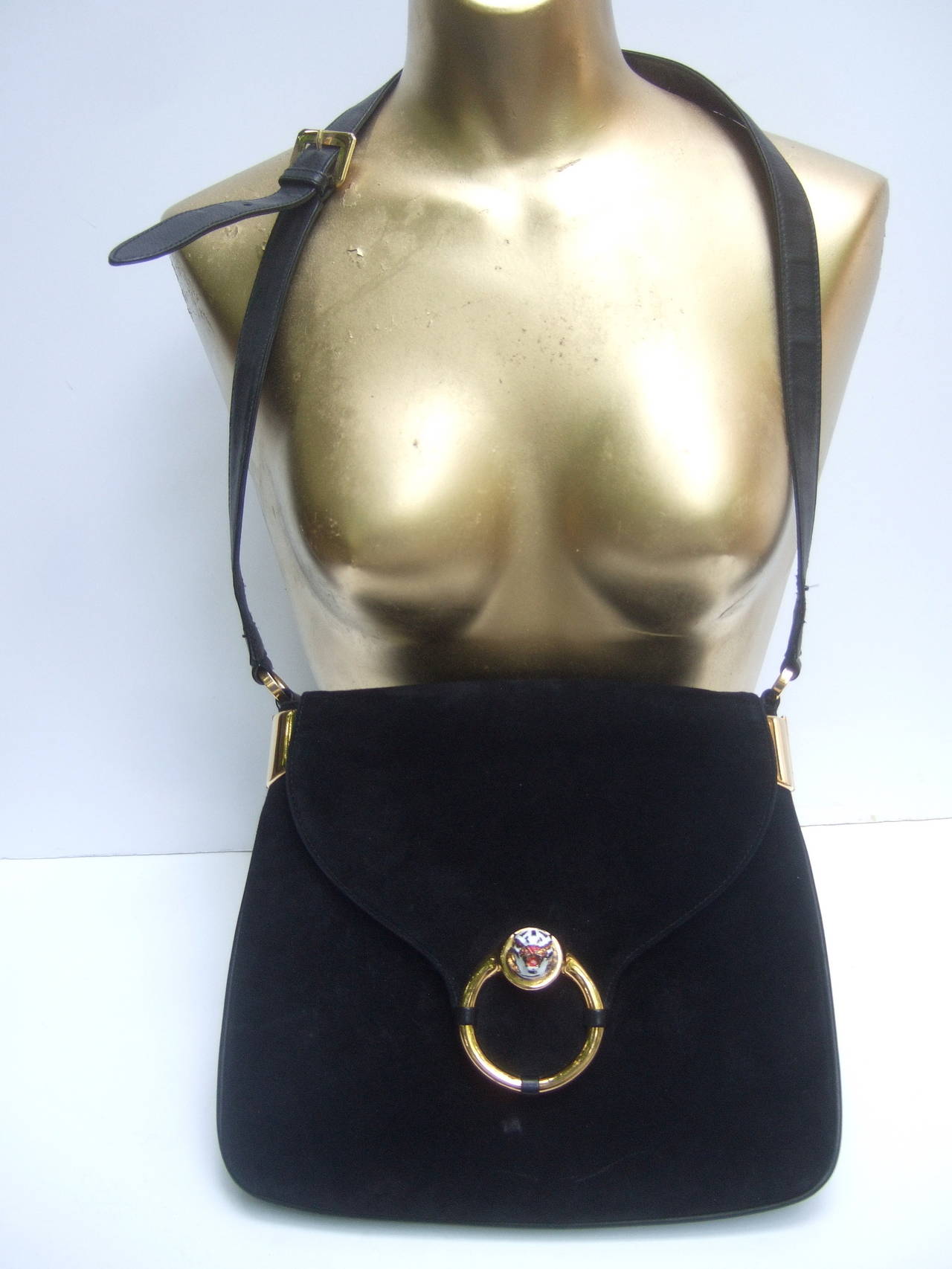 Gucci Italy Rare Black Suede Tiger Clasp Shoulder Bag c 1970 1