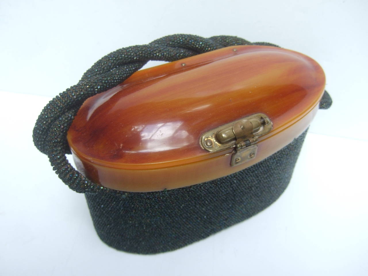 Brown 1940s Art Deco Jet Glass Beaded Handbag