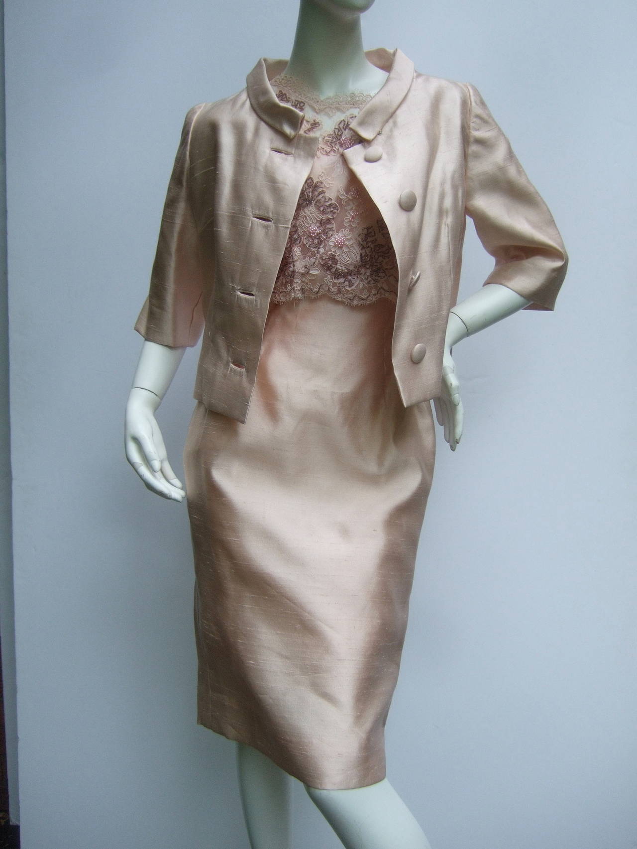 1960s Shantung Pale Pink Jacket & Dress Ensemble In Excellent Condition In University City, MO